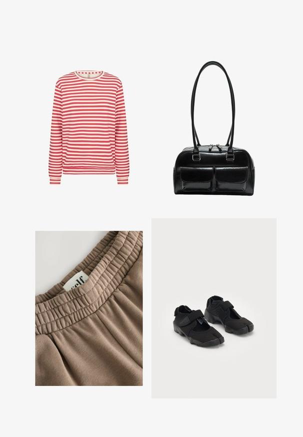 Dlhý rukáv s červenými a bielymi horizontálnymi pruhmi, okrúhly výstrih a priliehavé manžety na jednoduchom bielom pozadí.; Hnedý elastický pás s nariasenou textúrou, priložená nálepka s nápisom "self" a mäkká látka má hladký povrch a neutrálny odtieň.; Čierne vodné topánky vyrobené z flexibilného materiálu s suchým zipsom, ktoré majú jedinečný dizajn s rozdelenými prstami a textúrovanú gumovú podrážku pre lepšiu priľnavosť.; Čierna kožená kabelka s dvoma prednými vreckami, dvojitými uchami a zipsom na vrchu. Hladký povrch a zaoblený tvar.