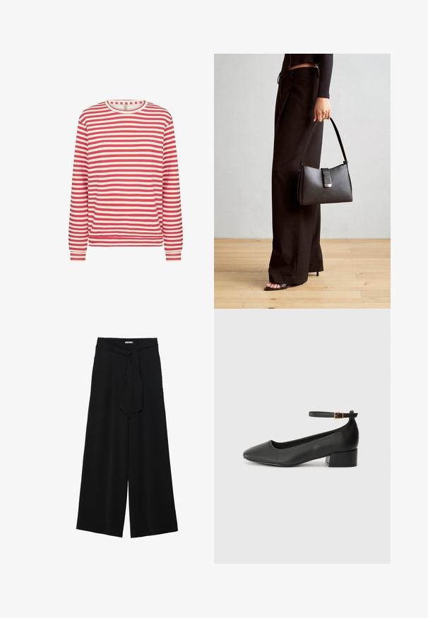 Majica s dugim rukavima s crvenim i bijelim horizontalnim prugama, okruglim izrezom i pripijenim manžetama na običnoj bijeloj pozadini.; Crne široke hlače od teksturirane tkanine, s elastičnom pojasom i odvojivim remenom na struku za prilagodivo pristajanje.; Crne kožne pumpe s oštrim vrhom i niskom blok petom. Sadrže remen oko gležnja s zlatnim kopčanjem. Glatka tekstura.; Crna torba s oblikom koji sadrži strukturu, glađu teksturu i metalnu kopču. Uparena s širokim crnim hlačama i sandalama na otvorenom s drvenog poda.