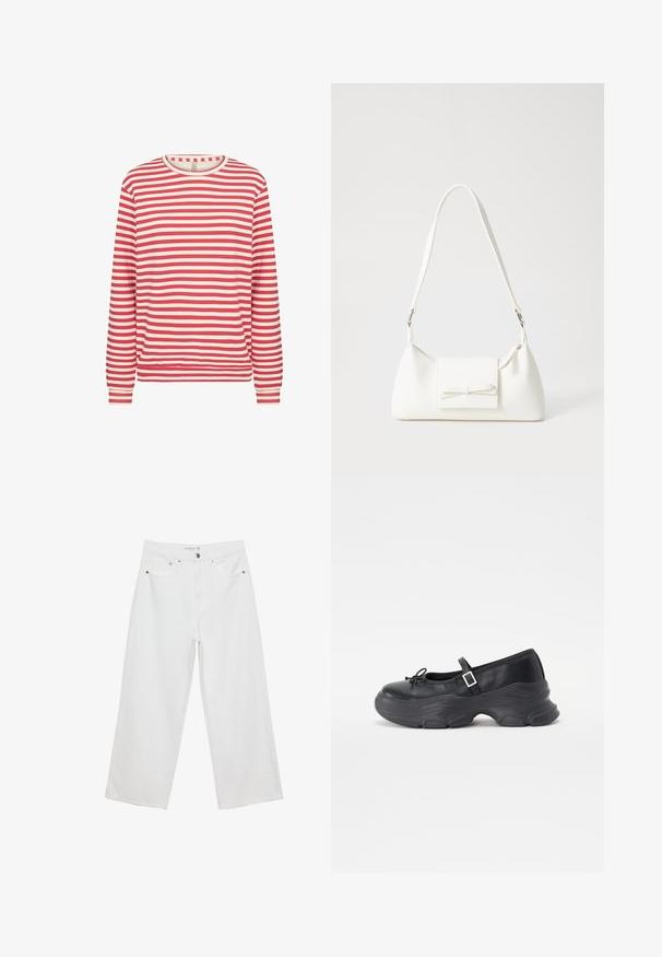 Langarmshirt mit rot-weißen horizontalen Streifen, Rundhalsausschnitt und eng anliegenden Manschetten auf einem schlichten weißen Hintergrund.; Weiße Jeans im weit geschnittenen Design aus Denim mit hoher Taille, ausgestattet mit fünf Taschen und Metallbeschlägen. Glatte Textur, keine sichtbaren Muster.; Schwarze Leder-Mary-Jane-Schuhe mit einer abgerundeten Zehenpartie, Schleifendetail und verstellbarem Knöchelriemen. Mit einer stabilen Gummisohle mit geschwungenen Akzenten.; Weiße synthetische Handtasche in dreieckiger Form, flache Vorderklappe und Schleifendetail, verstellbarer Trageriemen, glatte Textur und minimalistisches Design.
