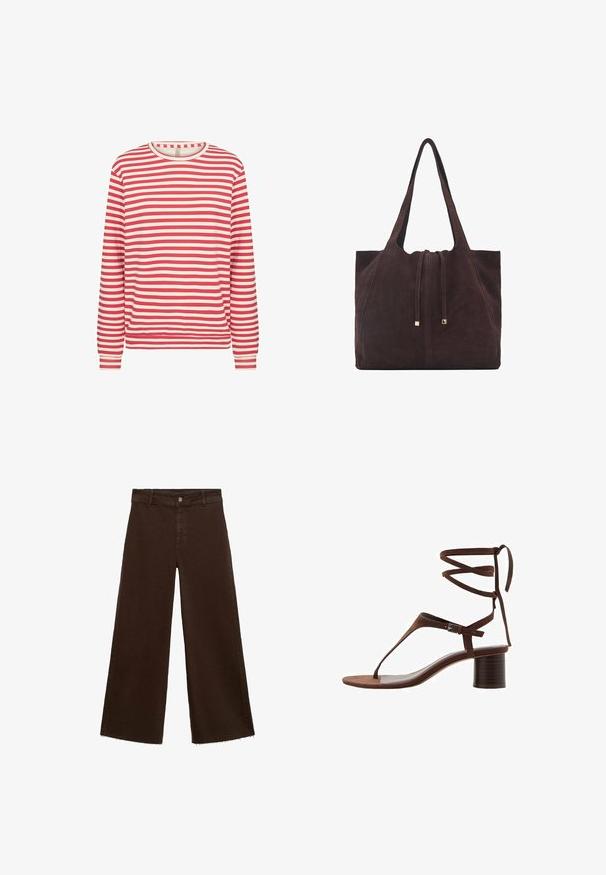 Langsleeve shirt met rode en witte horizontale strepen, ronde halslijn en aansluitende manchet op een effen witte achtergrond.; Bruine wijde broek in katoenmix, met een rafelige zoom, sluiting met een knoop aan de voorkant en een klassieke vijf-pocketstijl. Minimalistisch en veelzijdig.; Bruine suède hoge hak sandaal met een driehoekige teband, enkellinten en een gestructureerde blokhak voor stabiliteit.; Mango Shopper - dark brown
