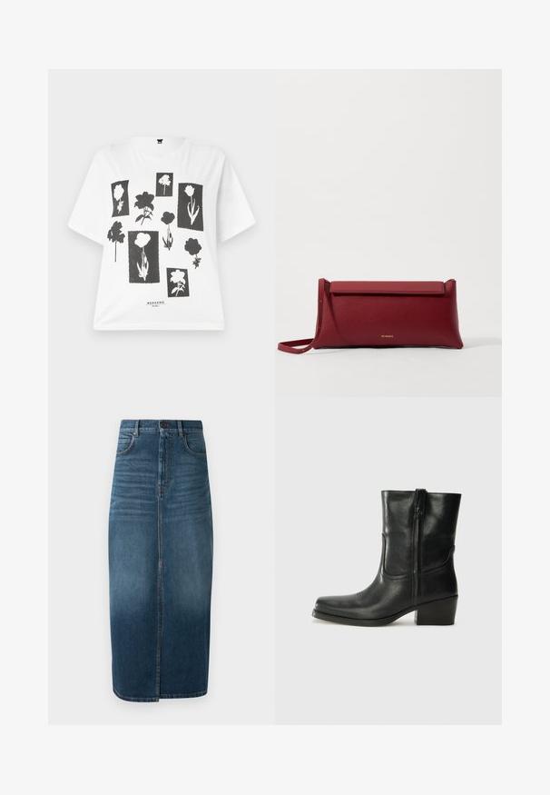 Witte t-shirt met korte mouwen, versierd met een zwart bloemenprint ontwerp met verschillende bloemvormen op rechthoekige achtergronden. Onder aan staat de tekst "WEEKEND."; Denim midi-rok in donker indigo, met een voorkeursplit en een lichte vervaging. Klassiek vijf-pocket ontwerp met metalen knoopsluiting.; Zwarte leren enkellaars met een ronde neus, blokhak, zijrits en stikselaccenten op de wreef. Gladde textuur, klassiek ontwerp.; Rode leren clutch met een gestructureerde afwerking, met een vlakke omvouwtop en een korte strap. Subtiele merklogo op de voorkant.