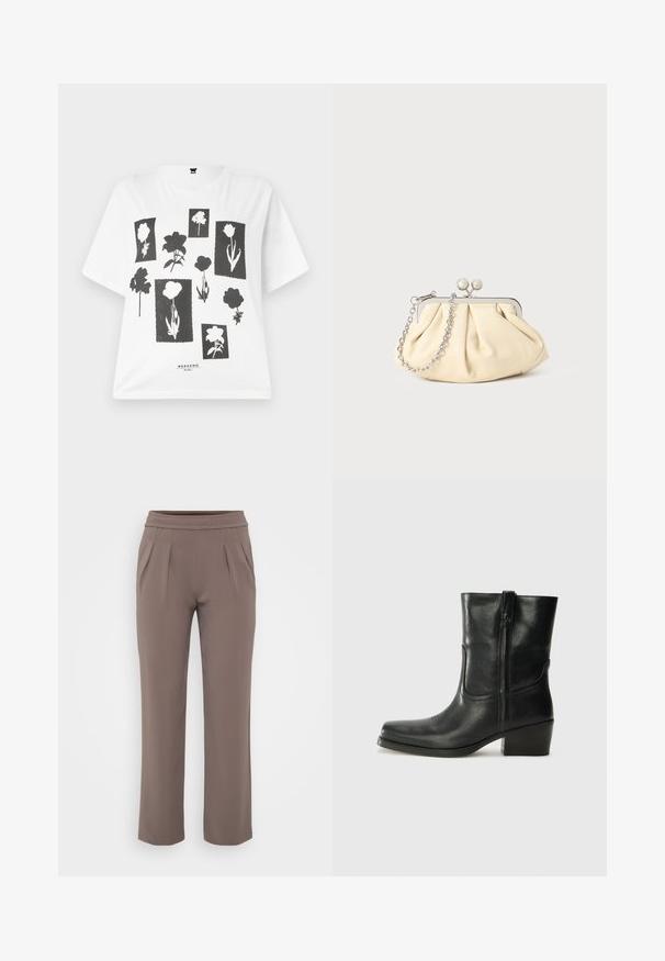 T-shirt bianco a maniche corte con un design floreale nero che presenta varie forme di fiori su sfondi rettangolari. Il testo in basso recita "WEEKEND."; Pantaloni taupe a vestibilità ampia con elastico in vita e pieghe frontali, realizzati in tessuto morbido.; Stivale ankle in pelle nera con punta arrotondata, tacco a blocco, cerniera laterale e dettagli in cucitura sulla tomaia. Texture liscia, design classico.; Clutch in pelle beige plissettata con una struttura in metallo argento, dotata di due chiusure decorative rotonde e una tracolla in catena argentata.