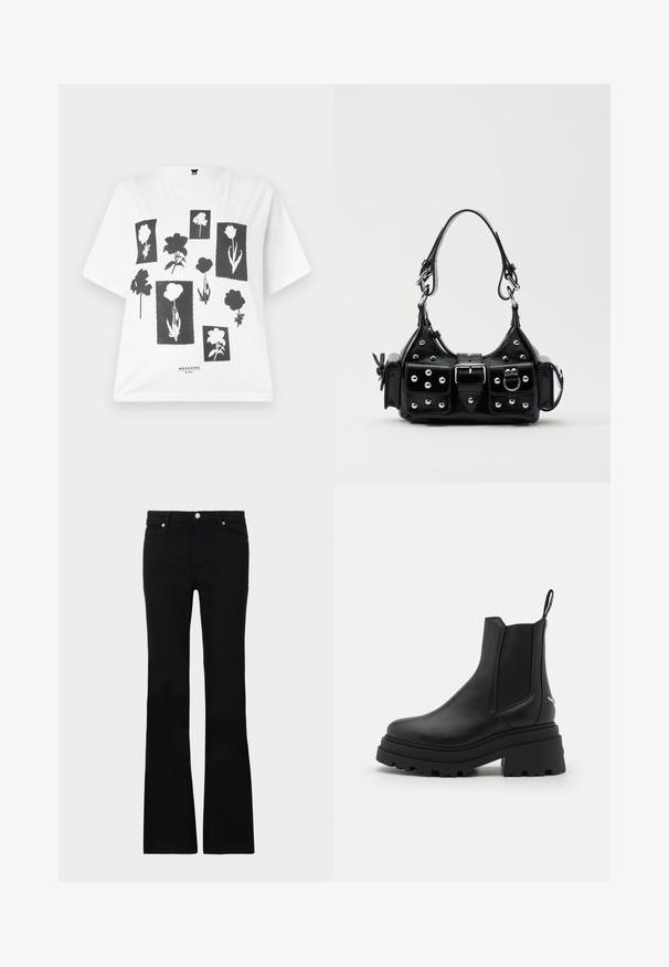 White short-sleeve t-shirt featuring a black floral print design with various flower shapes on rectangular backgrounds. Text at the bottom reads "WEEKEND."; Black flared jeans made of denim, featuring two front pockets, a button closure, and a smooth texture. Signature stitching visible at seams.; Black chelsea boots made of smooth leather with elastic side panels, a thick, ridged rubber sole, and a pull tab at the back.; Black leather handbag with a curved design, featuring silver studs, a buckle, and two side pockets. Adjustable strap for carrying options.