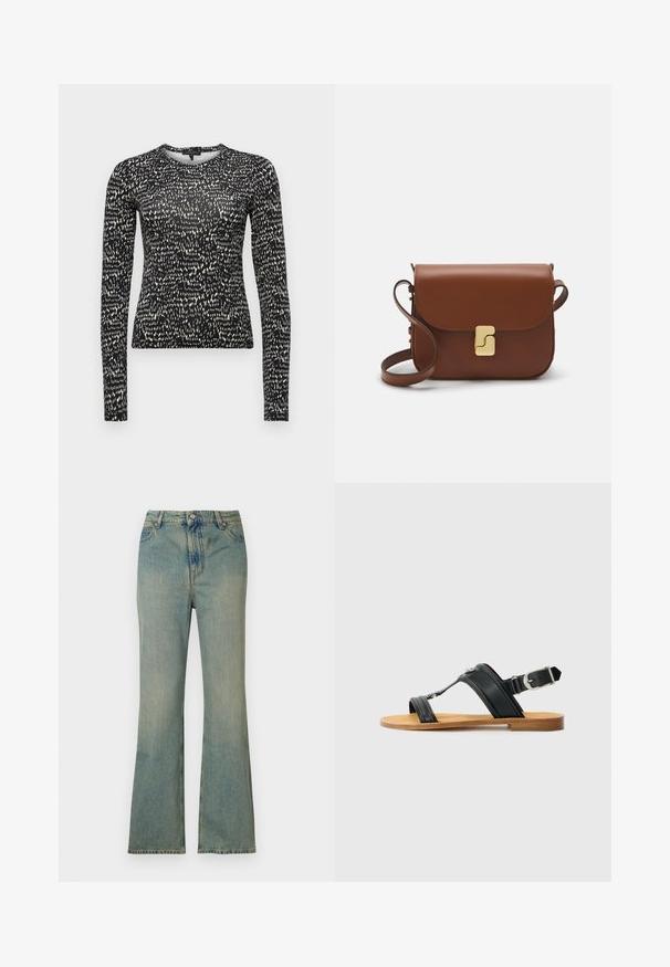 Long-sleeve black top featuring a textured, uneven white speckled pattern, slim fit, and a round neckline. Smooth fabric with slight stretch.; Light blue denim flare jeans with a high waist, five pockets, and a zip fly. Clean, faded finish with subtle stitching details.; Black leather sandal with adjustable buckle, flat tan sole, and two wide straps crossing over the foot, minimalistic design.; Brown leather handbag with a flap closure, gold-tone hardware, a shoulder strap, and a smooth texture. Compact rectangular shape.