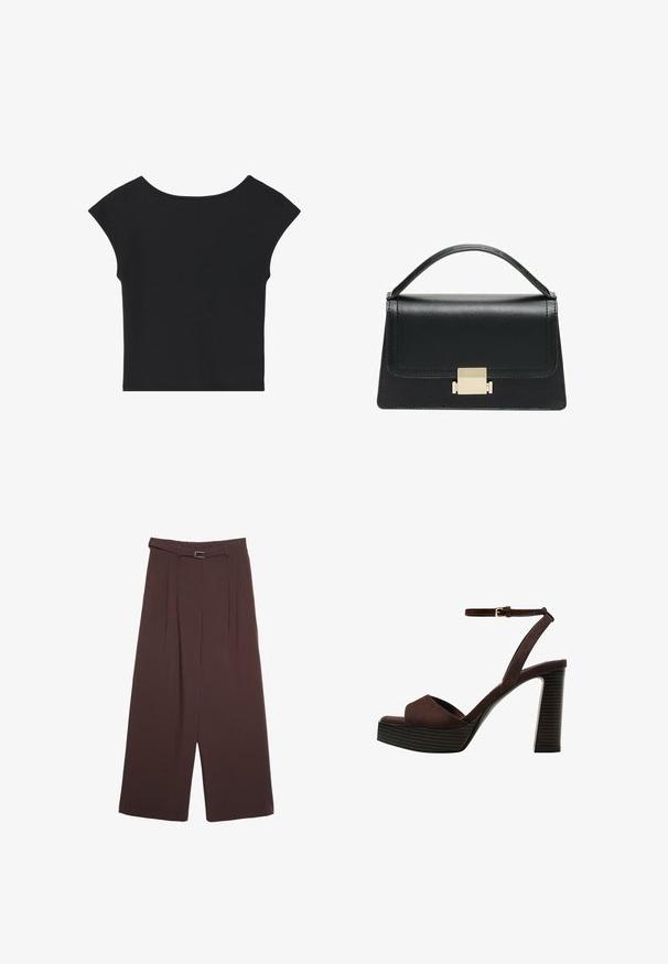 Sort cropped top med korte capærmer, rund halsudskæring og glat stoftekstur, prydet med et enkelt design uden mønstre eller udsmykninger.; Stradivarius WIDE-LEG WITH BUCKLE DETAIL  - Bukser - dark brown; Brune ruskinds højhælede sandal med åben tå, justerbar ankelrem og en stribet plade sål.; Sort læderhandtaske med et struktureret design, topbærerhåndtag og en detalje i guldfarvet metalklap på fronten. Glat tekstur, minimal syning.