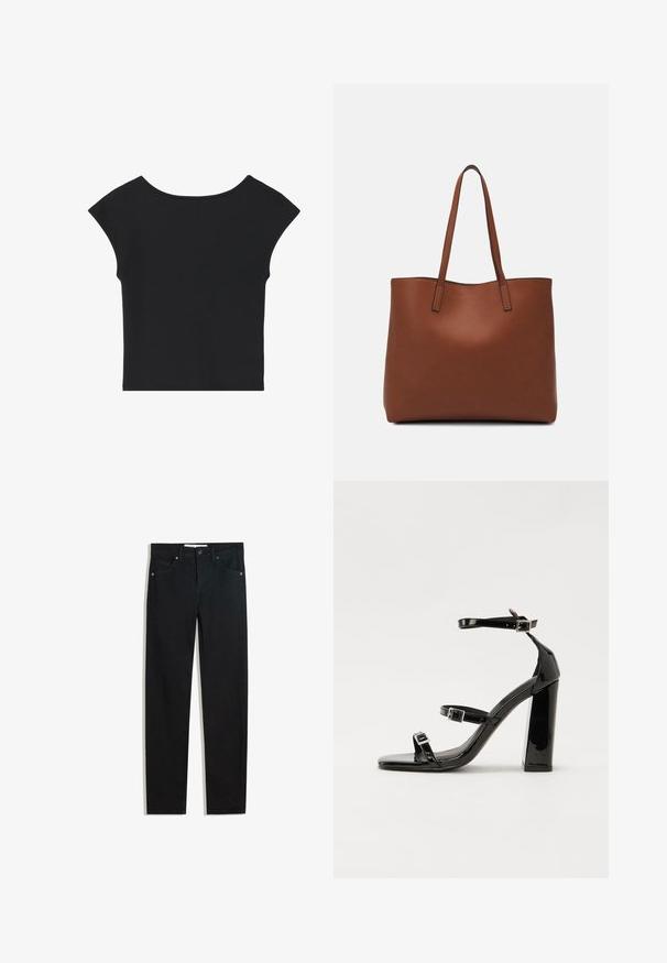 Zwart cropped top met korte kapmouwen, ronde halslijn en een soepele stofstructuur, met een eenvoudige uitstraling zonder patronen of versieringen.; Zwarte denimbroek met een recht silhouet, vijf zakken, metalen knoopsluiting en subtiele stikdetails. Gladde textuur.; Zwarte patent lederen sandalen met hoge hakken, twee gespenbanden, een vierkante neus en een stevige blokhak, met een gladde, glanzende textuur.; Bruine leren tote bag met een gladde textuur, een ontwerp met een open bovenkant en twee schouderbanden. Kenmerkt zich door minimale stiksels en geen zichtbare hardware.