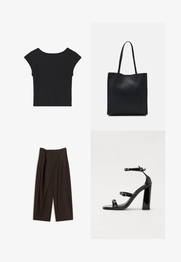 Top nero cropped con maniche corte a sbuffo, scollatura rotonda e trama di tessuto liscia, caratterizzato da un design semplice senza fantasie o decorazioni.; Pantaloni a gamba larga marrone scuro con vita alta, dotati di una chiusura con bottone singolo e una parte anteriore plissettata. Realizzati in tessuto leggero.; Sandali con tacco in vernice nera, con punta squadrata, cinturini alla caviglia e fibbie in argento. Presentano un tacco a blocco spesso per maggiore stabilità.; Borsa tote in pelle nera con texture liscia, forma rettangolare e due manici lunghi. Nessun hardware o decorazione visibile.