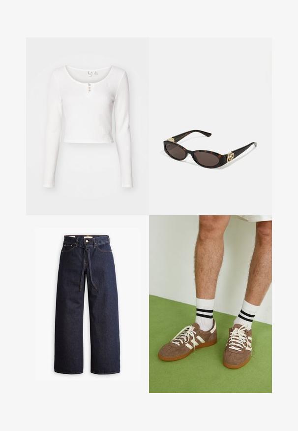 White long-sleeve cropped top in textured fabric, featuring a rounded neckline and three button closure at the front.; Wide-leg dark blue denim jeans with a high waist, featuring a drawstring tie, five pockets, and contrasting stitching details.; Brown suede sneakers with white accents and laces. Rubber gum sole. Worn with white socks featuring black stripes. Green textured flooring.; Tortoiseshell sunglasses with elongated oval lenses, brown tint, gold logo accents on temples, and sleek black arms.