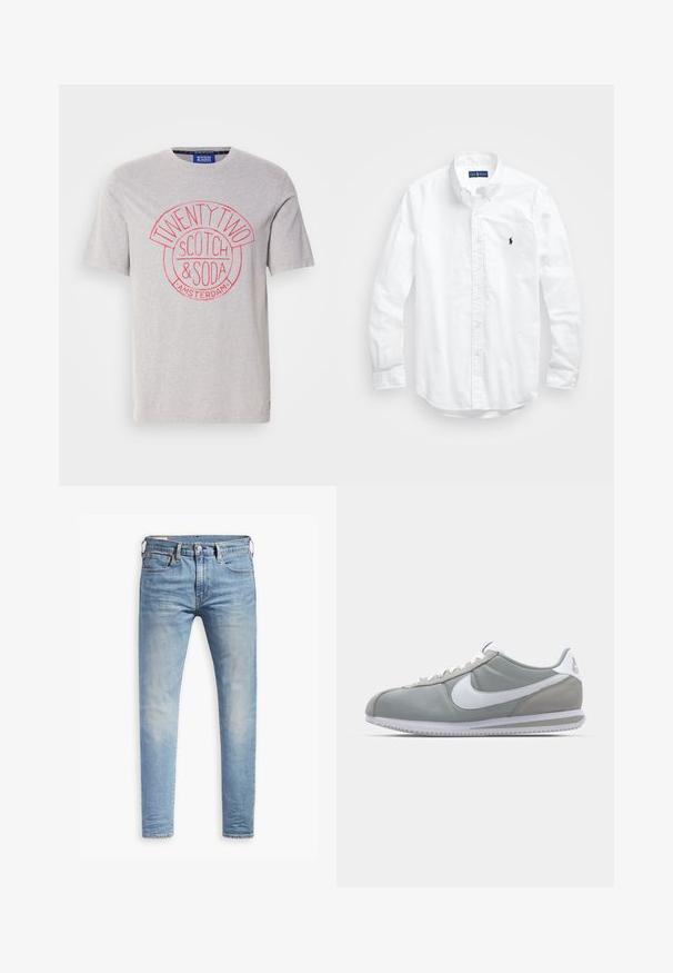 Grå bomullströja med en rund röd grafisk utskrift med texten "TWENTY TWO", "SCOTCH & SODA" och "AMSTERDAM". Kort ärm, standard passform.; Vit långärmad skjorta i bomull med knappar. Har en klassisk krage, knappmanchetter och en liten broderad logotyp i marinblått på bröstet.; Ljust blå smala jeans med lätt blekning på låren, framknäppning, bältesslingor och fem fickor på en vit bakgrund.; Grå idrottssko med ovandel i mocka och textil, vit Nike-swoosh och vita snören. Har en texturerad gummisula och vadderad krage.