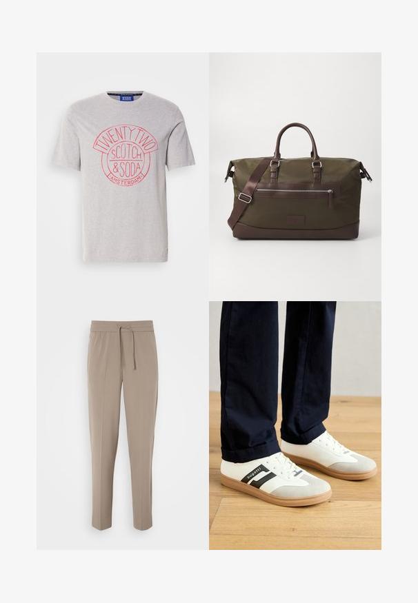 Szürke pamut póló, kerek piros grafikával, melyen a "TWENTY TWO", "SCOTCH & SODA" és az "AMSTERDAM" feliratok szerepelnek. Rövid ujjú, normál szabású.; Világos bézs nadrág, rugalmas derékkal, állítható húzózsinórral és tapered lábakkal. Az anyag simának tűnik, enyhe fénylással.; Fehér és szürke sportcipők fekete csíkokkal, bőrből készültek, gumitalppal és lapos fűzővel. Tengerészkék nadrággal viselik egy fa padlón.; Olíva zöld vászon sporttáska barna bőr kiegészítőkkel, dupla fogantyúval, levehető vállpánttal és elülső cipzáras zsebbel.