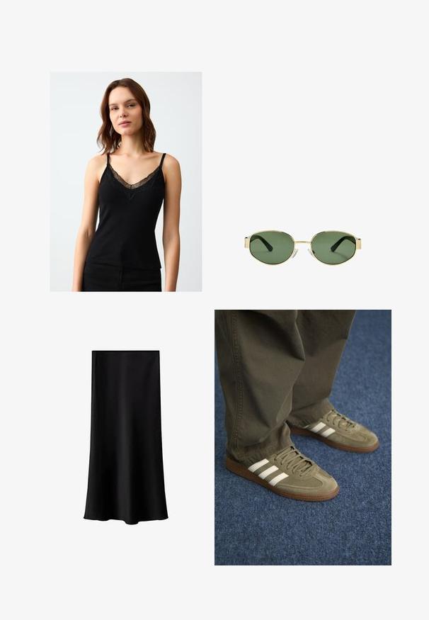 Schwarzes Trägertop aus geripptem Stoff, mit Spitze entlang des V-Ausschnitts und verstellbaren dünnen Trägern. Glatte Textur und figurbetontes Design.; Schwarze Midischürze aus glattem, leichtem Stoff. Sie hat einen geraden Schnitt, keine sichtbaren Beschläge und ein schlichtes Design ohne Muster.; Grüne Wildledersneaker mit drei weißen Streifen, brauner Gummisohle und strukturierten Schnürsenkeln, kombiniert mit olivgrünen Hosen auf einem blauen Teppich.; Sonnenbrille mit goldfarbenem Metallrahmen, grünen getönten Gläsern, ovaler Form, schwarzen Bügeln und klaren Nasenpads. Sauberes, minimalistisches Design.; Olivgrüne Tragetasche mit zwei Griffen, glatter Textur und metallischem Logo-Element. Runde Form mit Seitenpanels; kombiniert mit blauen Hosen.