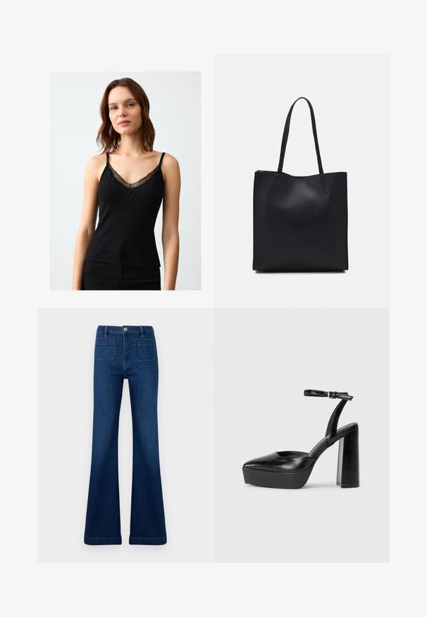 Black camisole made of ribbed fabric, featuring lace trim along the V-neckline and adjustable thin straps. Smooth texture and fitted design.; Dark blue flared jeans made of denim, featuring a high waist, two back pockets, and contrast stitching along the seams.; Black platform heels with a pointed toe and adjustable ankle strap. Constructed from smooth leather, featuring a chunky block heel.; Black leather tote bag with smooth texture, rectangular shape, and two long handles. No visible hardware or embellishments.