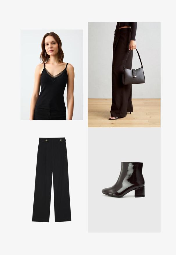 Zwarte camisole van ribbelstof, met kantafwerking langs de V-halslijn en verstelbare dunne banden. Zachte textuur en getailleerd ontwerp.; Zwarte wijde broek met hoge taille, knoopdetails op de tailleband en plooien aan de voorkant.; Zwarte gepatineerde leren enkelboots met een spitse neus en een chunky hak. Gladde textuur met een subtiele glans en strakke lijnen, minimalistisch ontwerp.; Zwarte handtas met gestructureerde vorm, gladde textuur en een metalen sluiting. Gecombineerd met brede zwarte broeken en sandalen met open teen op een houten vloer.