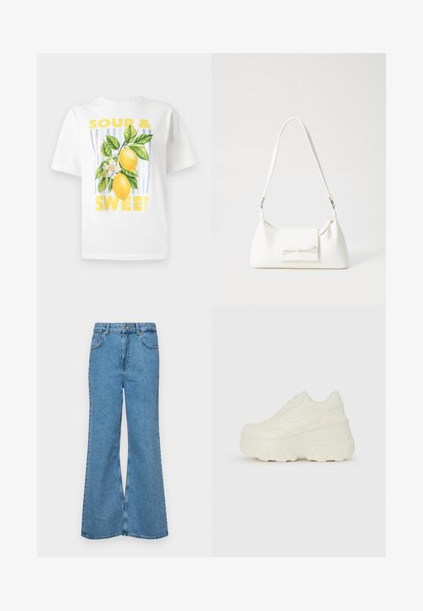 White cotton t-shirt featuring yellow graphic text "SOUR & SWEET" and a design of two lemons with green leaves and a white flower.; Light blue flared jeans made of denim, featuring a high waist, five pockets, and a single button closure. Soft texture with faded finish.; White platform sneakers featuring a smooth leather-like upper, rounded shape, padded collar, and textured rubber sole with defined treads.; White synthetic handbag with a triangular shape, flat front flap and bow detail, adjustable strap, smooth texture, and minimalistic design.