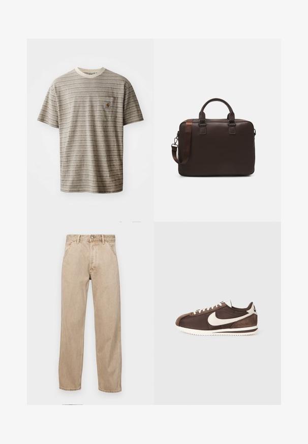 Šviesiai ruda ir ruda dryžuota trumpomis rankovėmis marškinėliai, pasižymintys apvaliu iškirpimu ir krūtinės kišenėle su logotipu. Tekstūruotas audinys.; Smėlio spalvos džinsai su tiesia kojų siluetu, turintys priekinę kišenę, metalinį mygtuką ir subtilią tekstūrą.; Rudi sportbačiai, pagaminti iš zomšos ir kanvos, su baltu Nike swoosh logotipu ir tekstūruotais guminiais padėklais.; Ruda odinė nešiojamojo kompiuterio rankinė su tekstūruota paviršiumi, dviem viršutiniais rankenomis, reguliuojama juosta ir dviem priekiniais sagtimis papildomam akcentui.
