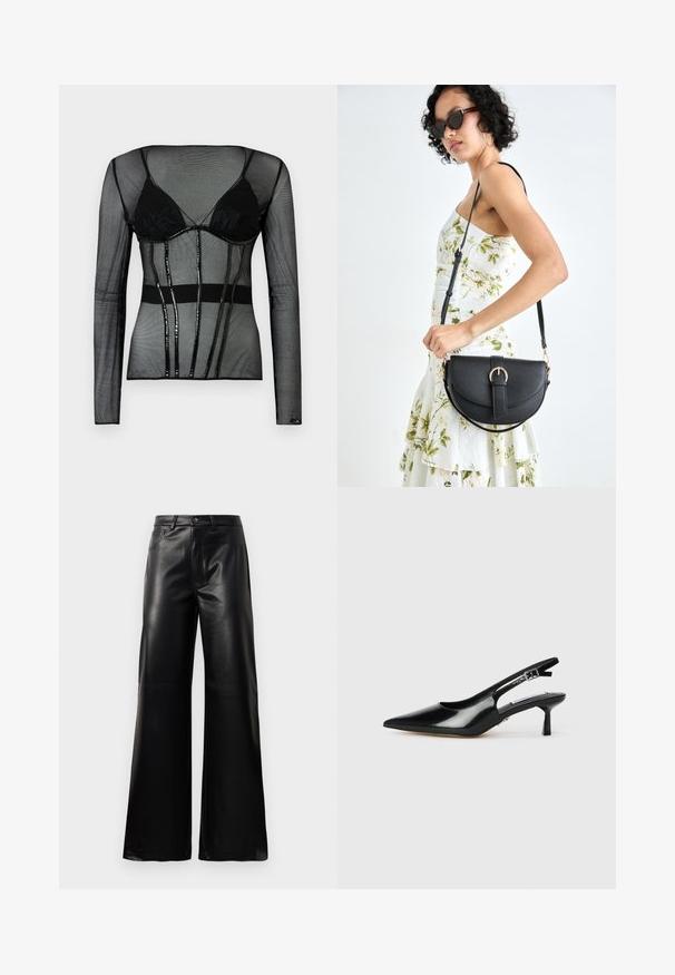 Fekete hálós, hosszú ujjú felső beépített fekete melltartóval, feszes szabással, áttetsző textúrával és fényes fekete díszítésekkel.; Fekete, magas derekú, széles lábú, műbőr nadrág elülső gombbal, cipzárral, övbújtatókkal és oldalsó zsebekkel, fehér háttérrel.; Fekete patent bőrből készült slingback magassarkú cipők hegyes orral, vékony sarokkal és állítható csattal. Simább textúrájú, minimális részletezéssel.; Fekete bőrtáska ívelt formával, levehető pánttal és arany színű fémrészekkel. A táskán egy csattal díszített fedél található.