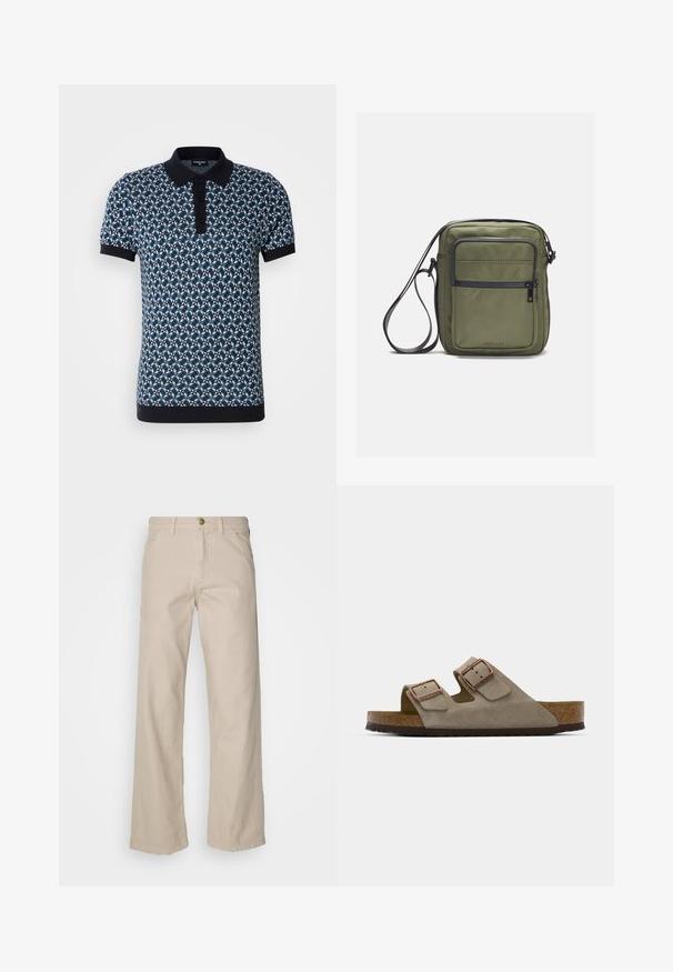Granatowa koszulka polo z krótkim rękawem w geometryczny wzór w niebiesko-białych odcieniach, z kołnierzykiem i zapięciem na trzy guziki, wykonana z fakturowanej tkaniny.; Beżowe bawełniane spodnie typu wide-leg z pięcioma kieszeniami, zapięciem na guzik i pętelkami na pasek; gładka tekstura, prosty krój i wykończenie.; Zamszowe klapki w jasnoszarym kolorze z dwoma regulowanymi klamrami, korkowym śródstopiem i teksturowaną gumową podeszwą.; Zielonkawoszary bag z paskiem na ramię o gładkiej fakturze, z przednią kieszenią na zamek błyskawiczny oraz regulowanym paskiem. Wykonany z trwałego materiału nylonowego.