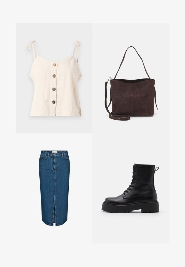 Világos bézs len ujjatlan felső állítható pántokkal, elől öt fa gombbal, laza szabással.; Sötétkék farmer ceruzaszoknya, elülső hasítékkal, öt zsebbel és kontrasztos varrással. Közepes derékmagasság, klasszikus dizájn.; Fekete bőr bokacsizma, kerek orral, fűzős elülső résszel és vastag, texturált gumitalppal. Húzófül hátul.; Barna velúrbőr táska puha tapintással, egyetlen vállpánttal és finoman ívelt felső nyitással. Nincs látható fémrész.