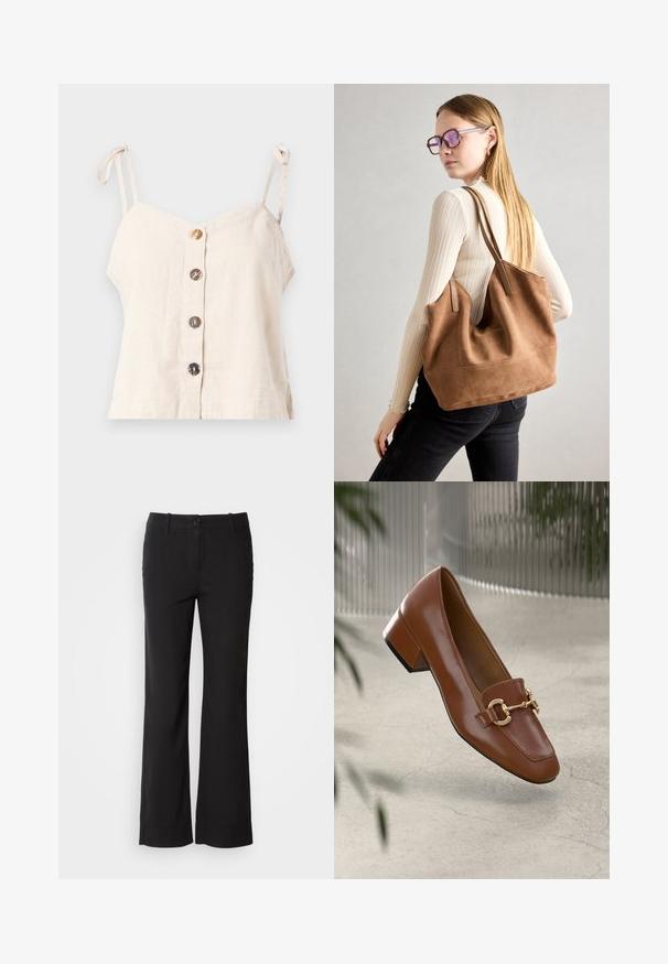 Világos bézs len ujjatlan felső állítható pántokkal, elől öt fa gombbal, laza szabással.; Fekete pamut keverék nadrág egyenes szárú dizájnnal, elülső gombos záródással és két oldalsó zsebbel. Simára kialakított textúra, nincs látható minta.; Barna lakkbőr loaferek négyzet alakú orral, fém lánc díszítéssel és alacsony blokk sarkú kialakítással; sima textúra, minimalista design.; Barna velúr vászontáska puha textúrával, nagy nyílással és hosszú pántokkal. Egyszerű dizájnnal rendelkezik, látható varrással és nincs rajta fém alkatrész.