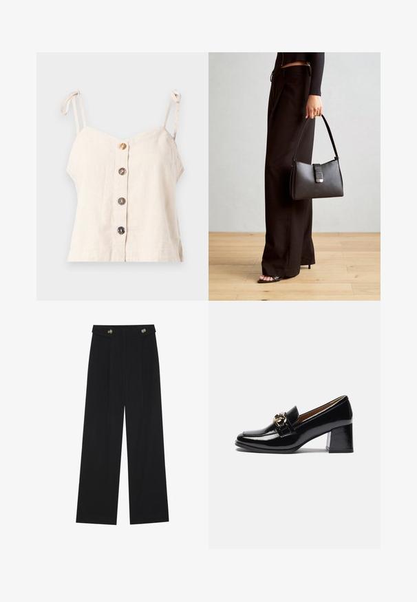 Lys beige lin camisole med justerbare stropper, som har fem treknotter foran og en løs passform.; Svart vide bukser med høy midje, knappdetaljer på midjebåndet og frontplisser.; Svarte lakkloafers med hæl som har rund tå, kraftigere hæl og en gulldetalj på frontreimen.; Svart håndveske med strukturert form, jevn tekstur og metallisk lås. Kombinert med brede svarte bukser og sandaler med åpen tå på tregulv.