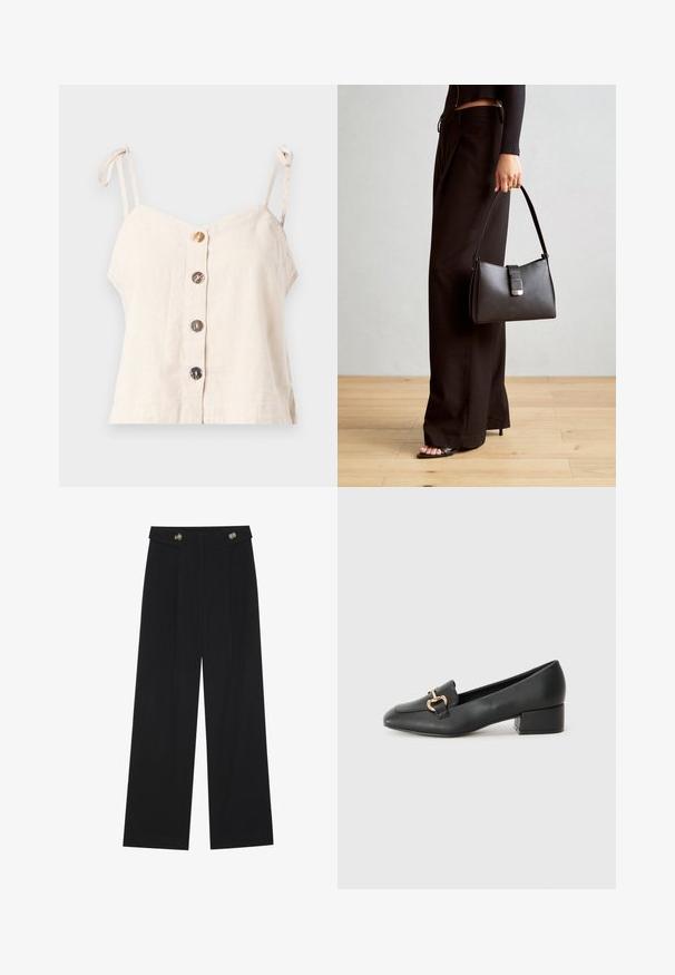 Lys beige lin camisole med justerbare stropper, som har fem treknotter foran og en løs passform.; Svart vide bukser med høy midje, knappdetaljer på midjebåndet og frontplisser.; Sorte skinnloafers med flat hæl, med dekorativ detalj i gull foran og en jevn tekstur.; Svart håndveske med strukturert form, jevn tekstur og metallisk lås. Kombinert med brede svarte bukser og sandaler med åpen tå på tregulv.