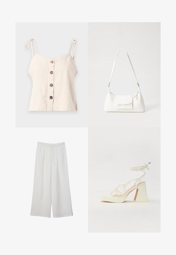 Camisola in lino beige chiaro con spalline regolabili, caratterizzata da cinque bottoni in legno sul davanti e un design dalla vestibilità ampia.; Pantaloni bianchi a gamba larga realizzati in tessuto leggero, dotati di una vita elastica e di un cordino per una vestibilità regolabile. Texture liscia.; Sandalo bianco con tacco alto, caratterizzato da un design a cinturini e un legaccio alla caviglia. Texture liscia con una piattaforma frontale per un'altezza aggiuntiva.; Borsa sintetica bianca a forma triangolare, con patta anteriore piatta e dettaglio a fiocco, tracolla regolabile, texture liscia e design minimalista.