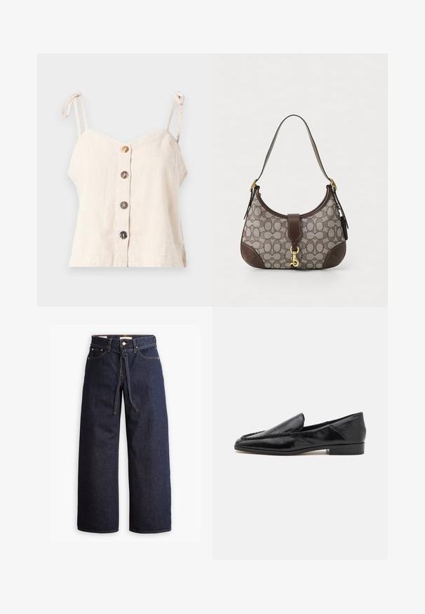 Light beige linen camisole with adjustable straps, featuring five wooden buttons down the front and a loose fit design.; Wide-leg dark blue denim jeans with a high waist, featuring a drawstring tie, five pockets, and contrasting stitching details.; Black leather loafers with a smooth finish, featuring a stitched design along the front edge and a low, square heel.; COACH HAMPTONS HOBO BAG IN SIGNATURE JACQUARD - Handbag - oak maple