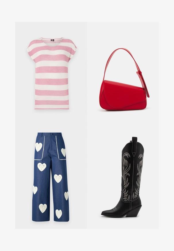 Svītrains īsās piedurknes t-krekls gaiši rozā un krēmkrāsā, ar noapaļotu kakla izgriezumu, mīkstu tekstūru un brīvu piegriezumu.; Sister Jane HEART TO HEART - Džinsi ar taisnām starām - blue denim; Melnas ādas kovboju zābakus ar norādītām pirkstiem, sānām paceltu papēdi un sudraba izšūtām ziedu rakstiem gar zābaka kāju. Kontrasta dūrieni visā zābakā.; Sarkans ādas rokassomi ar stūrainu, ģeometrisku dizainu. Iekļauj vienu regulējamu siksnu un vāku ar izšūtu detaļu.