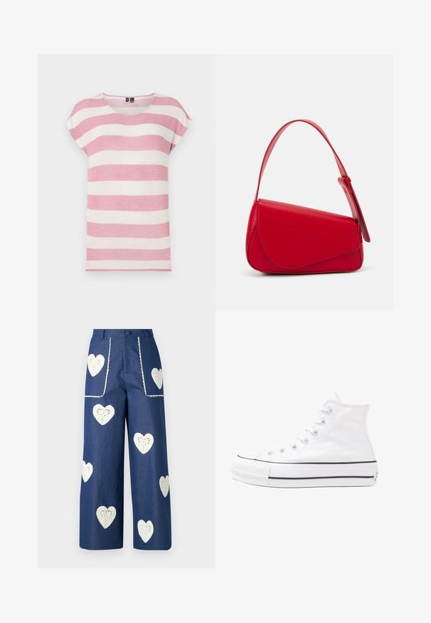 Striped short-sleeve t-shirt in light pink and cream, featuring a rounded neckline, soft texture, and a relaxed fit.; Sister Jane HEART TO HEART - Straight leg jeans - blue denim; White high-top canvas sneaker with black rubber sole, front rubber toe cap, and six eyelets for laces, featuring a clean, minimalist design.; Red leather handbag with an angular, geometric design. Features a single adjustable strap and a flap closure with stitched detailing.