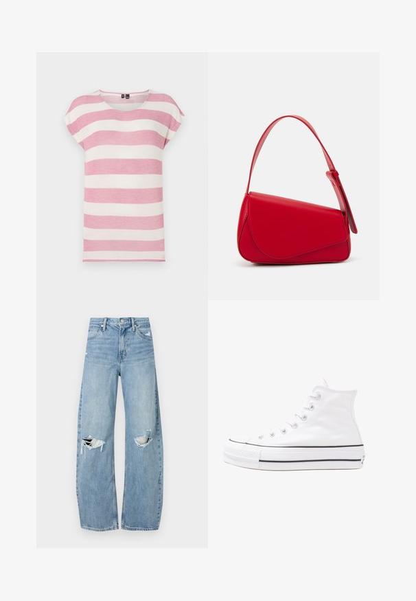 Prúžkované tričko s krátkym rukávom v svetlo ružovej a krémovej farbe, s okrúhlym výstrihom, jemnou textúrou a voľným strihom.; Svetlomodré, vysoké džínsy vyrobené z denimu. Majú široké nohavice, dve roztrhnuté kolená a klasický päťvreckový strih.; Biele vysoké plátené tenisky s čiernou gumovou podošvou, prednou gumovou špičkou a šiestimi okami na šnúrky, s čistým, minimalistickým dizajnom.; Červená kožená kabelka s ostrým, geometrickým dizajnom. Má jeden nastaviteľný popruh a uzatváranie na klopu so šitím.