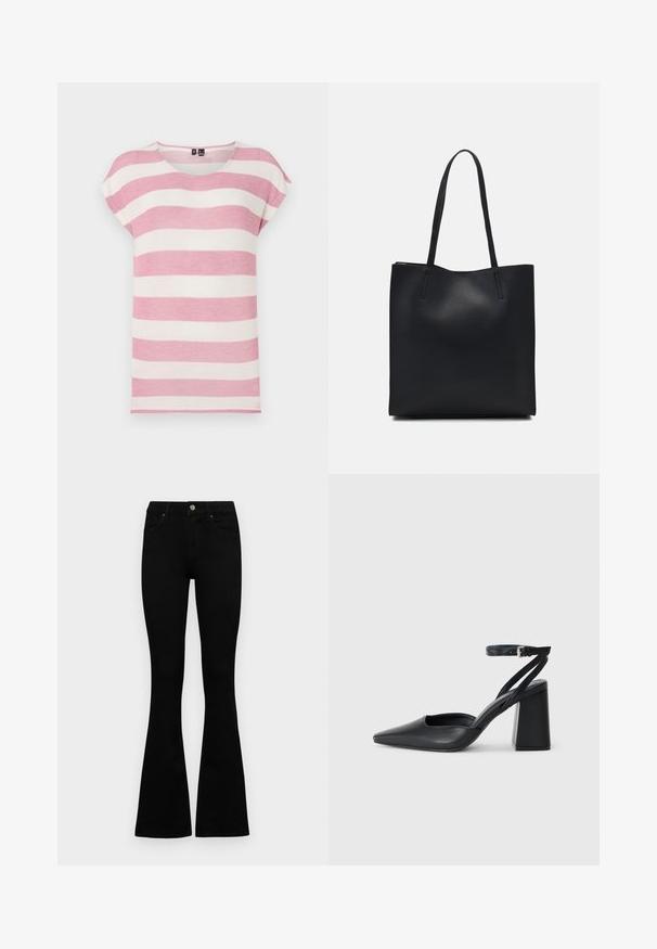 T-shirt de manga curta às riscas em rosa claro e creme, com decote arredondado, textura suave e um corte descontraído.; Jeans pretos de cintura alta com fecho de botão e zíper, bolsos frontais e pernas largas dispostos em cima de um fundo branco.; Sandal com biqueira afilada em couro preto, com cinta no tornozelo e salto grosso. Textura lisa, design elegante e estética minimalista.; Bolsa tote preta em couro com textura lisa, forma retangular e duas alças longas. Sem hardware ou enfeites visíveis.