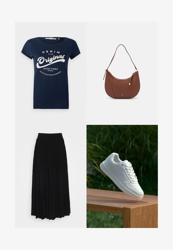 Tricou din bumbac bleumarin, cu mâneci scurte, decolteu rotund și text imprimat alb "DENIM Original" și "GOOD TIMES AHEAD."; Fustă plisată neagră cu un talie înaltă, elastică. Fabricată dintr-un material moale, prezintă plisuri verticale pentru o siluetă fluidă.; Sneaker alb cu un upper sintetic neted, cu vârf perforat, șireturi plate și o talpă texturată, expus pe o suprafață de lemn.; Geantă de umăr din piele ecologică maro, cu o formă curbată, cusături minime și un accent din metal auriu. Are un închidere cu fermoar în partea de sus și o curea ajustabilă.