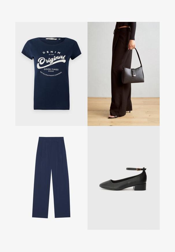 Marineblå bomull T-skjorte med korte ermer, rund hals og hvit trykt tekst "DENIM Original" og "GOOD TIMES AHEAD."; Marineblå bukser med vide ben laget av mykt stoff, med frontfolder, en glatt tekstur og en rett passform uten synlige lommer.; Sorte skinnpumper med spiss tå og lav blokkhelt. Har ankelrem med gullfarget spenne. Glatt tekstur.; Svart håndveske med strukturert form, jevn tekstur og metallisk lås. Kombinert med brede svarte bukser og sandaler med åpen tå på tregulv.