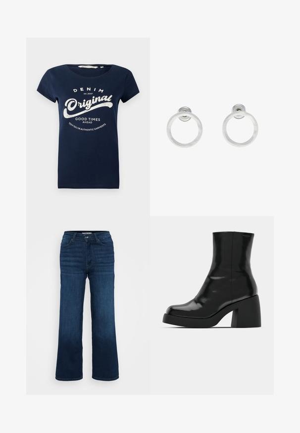 Tumedat sinine puuvillane T-särk lühikeste varrukatega, ümar kaelus ja valge trükitud tekst "DENIM Original" ja "GOOD TIMES AHEAD."; ONLY Petite ONLMADISON BLUSH WIDE - Wide leg - dark blue denim; Mustad mustad, läikiva viimistlusega, ruudukujulise varbaga ja paksu plokktallaga. Kujundus sisaldab sujuvat siluetti ja minimaalset brändimist.; Hõbedased metallist rõngastooted, millel on harjatud tekstuur, ümmargune disain ja selge tagumine post, tagamaks kindlat kandmist.