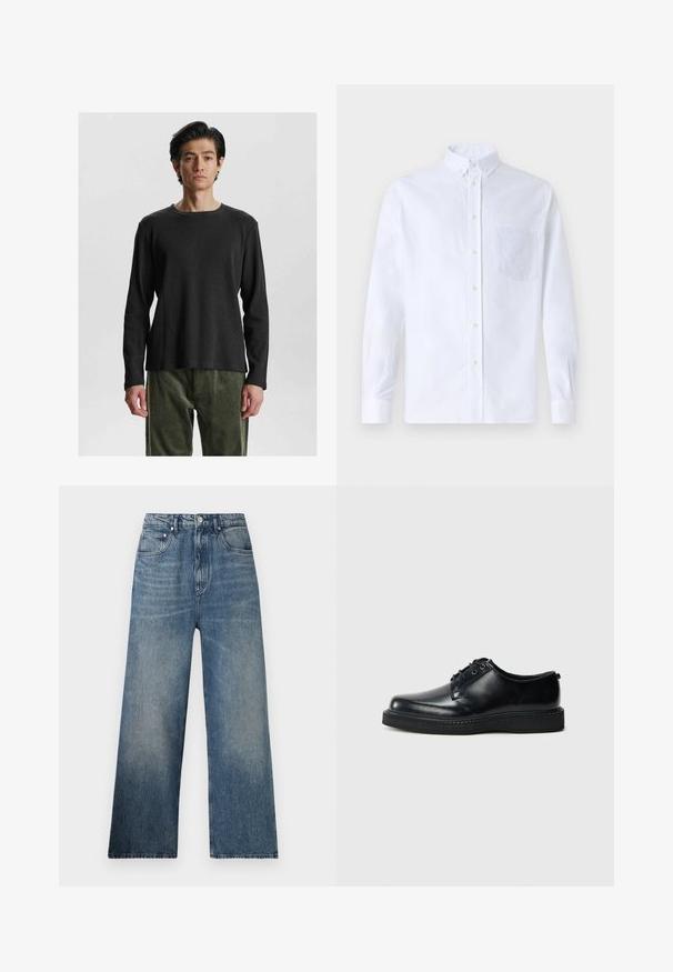 Črna dolgonoga rebrasta majica z okroglo ovratnikom. Ima teksturirano tkanino in sproščen kroj, v kombinaciji z olivno zelenimi, mehko teksturiranimi hlačami.; Bela dolgo rukava srajca s kragnico, izdelana iz bombaža, z žepom na prsih in toniranimi vezeninami ter gumbi na manšetah.; Modre široke kavbojke z visokim pasom, ki imajo subtilno bledenje, pet žepov in kovinsko zaponko spredaj.; Črni usnjeni čevlji z vezalkami, okroglo konico, gladkim zaključkom in teksturiranim črnim gumijastim podplatom. Minimalističen dizajn brez vidnih vzorcev.