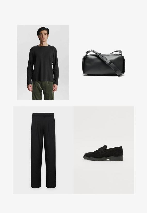 Must värvi pikkade varrukatega ribatatud t-särk ümarate kraega. Omab tekstuurset kangast ja vabalt istuvat lõiget, millele on kombineeritud oliivrohelised, pehme tekstuuriga püksid.; Mustad mustadest riietest, millel on sirge jalgade disain, kaks eesmist voltimist ja tavaline vöökoht, millel on vöökohad.; Mustad sametist loafers madala kontsaga, millel on lihtne riba ülaservas ja tekstuuritud detailid külgedel.; Musthägustus mustast nahast õlakott silindrilise kujuga, lukuga ja reguleeritava rihmaga. Sile tekstuur ja minimalismi stiilis disainielemendid.; Valge pärlkaelakee, millel on ühtlane ümar kuju, sile pind ja metallist kinnitusbüts koos pikendusahelaga reguleeritava pikkuse jaoks.