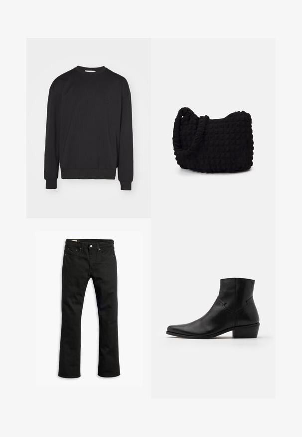 Iceberg FELPA - Langærmet T-shirt - nero; Sorte denim jeans med lige ben, fem lommer, metalknaplukning og diskrete syninger. Glat tekstur og ensfarvet.; Sort læder ankelstøvle med spids tå, minimale syninger, en mellem-høj blokhælt og en glat, poleret finish.; Sort stofpose med en struktureret, quilted mønster. Rund form, korte, tykke håndtag, og en blød, fleksibel struktur.