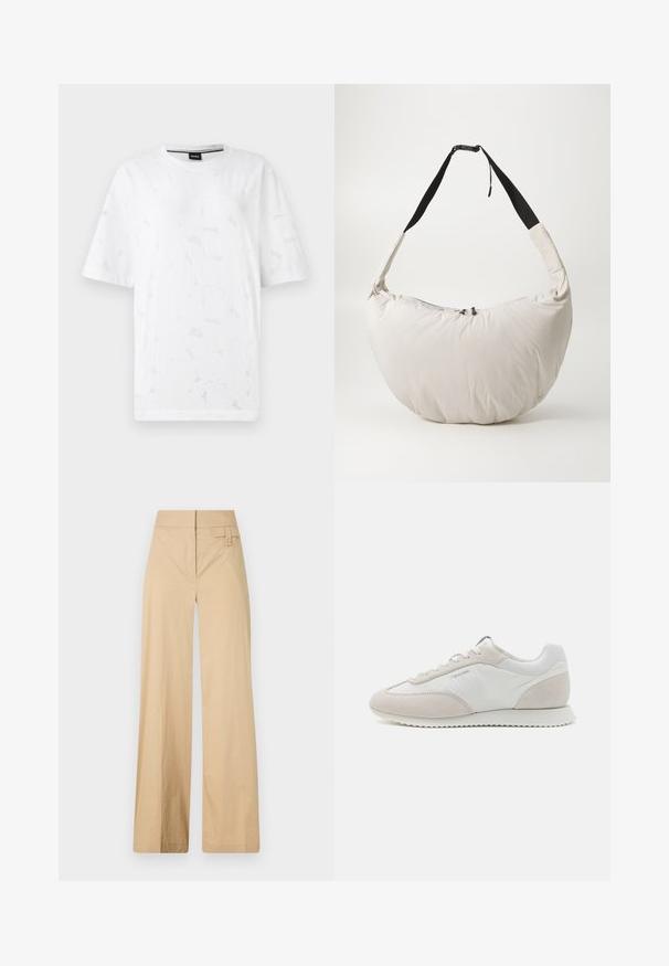 Bílá oversized tričko s jemným květinovým vzorem, krátkými rukávy, kulatým výstřihem a hladkou texturou. Na vnitřní straně je viditelná značka.; Béžové kalhoty s širokými nohavicemi vyrobené z bavlněné směsi. Mají hladkou texturu, elastický pas a boční detail s knoflíkem.; Světle barevné tenisky s kombinací bílé kůže a béžové semišové kůže, s texturovanou podrážkou a minimálním brandingem po straně.; Svetle béžová polstrovaná taška přes rameno s zakřiveným tvarem ve tvaru půlměsíce. Černý popruh, uzávěr na zip a decentní logo na přední straně. Měkká textura.