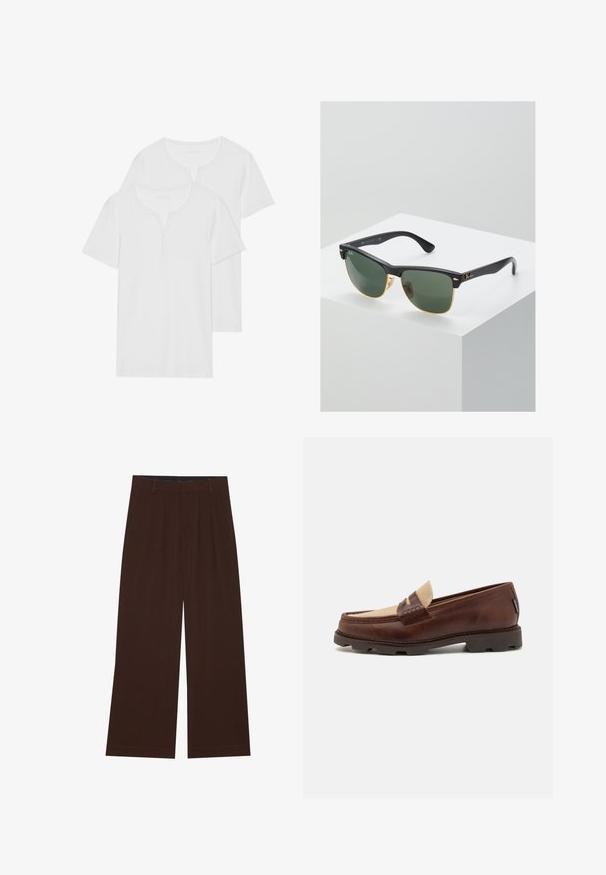 Dwa białe t-shirty z krótkim rękawem, wykonane z miękkiej bawełny, z dekoltem typu henley i dwoma guzikami, o regularnym kroju.; Brązowe spodnie szerokie z plisami. Wykonane z gładkiego materiału, z dopasowanym pasem i kieszeniami bocznymi. Prosty zakład na dole.; Brązowe skórzane mokasyny z taupe'owym akcentem z płótna, przeszyciami i teksturowaną gumową podeszwą zaprojektowaną dla komfortu i trwałości.; Okulary przeciwsłoneczne Ray-Ban z zielonymi soczewkami, czarnymi plastikowymi oprawkami i złotymi akcentami na krawędziach. Kwadratowy kształt z matowym wykończeniem.