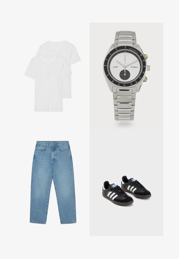 Dvi baltos trumpomis rankovėmis marškinėliai, pagaminti iš minkštos medvilnės, su henley stiliaus apykakle, turinčia du mygtukus, ir įprasto kirpimo.; Šviesiai mėlyni džinsai su plačiomis kojomis ir aukštu liemeniu, turintys penkias kišenes, diržo kilpas ir švelnų, šiek tiek išblukusį tekstūrą.; Juodi sportiniai bateliai su zomšos ir sintetine viršutine dalimi, turintys tris baltas juosteles, tekstūruotą gumos pado paviršių ir mėlyną logotipo etiketę ant liežuvėlio.; Sidabrinis nerūdijančio plieno laikrodis su apvaliu baltu ciferblatu, juodu tachimetru, žaliais akcentais ir metaline grandinėle.
