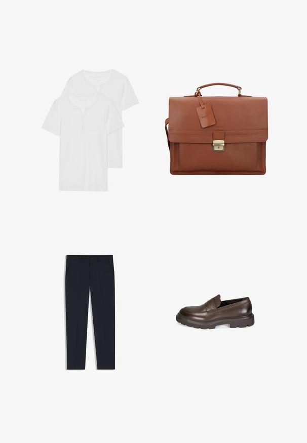 Twee witte t-shirts met korte mouwen, gemaakt van zachte katoen, met een henley-halslijn met twee knopen en een reguliere pasvorm.; Marineblauwe broek met een getailleerde pasvorm, voorzien van twee voorkruiden, een vlakke voorkant en een gladde textuur. Geen zichtbare patronen of versieringen.; Desa Instappers - brown; Bruine leren aktetas met een klep, bovenhandgreep, afneembare schouderband, gouden hardware en een bagagelabel met de merknaam.; Zilveren metalen horloge met een geborstelde blauwe wijzerplaat, witte uurmarkeringen en een datumweergave. Voorzien van een geschakelde metalen band en het logo van het merk.