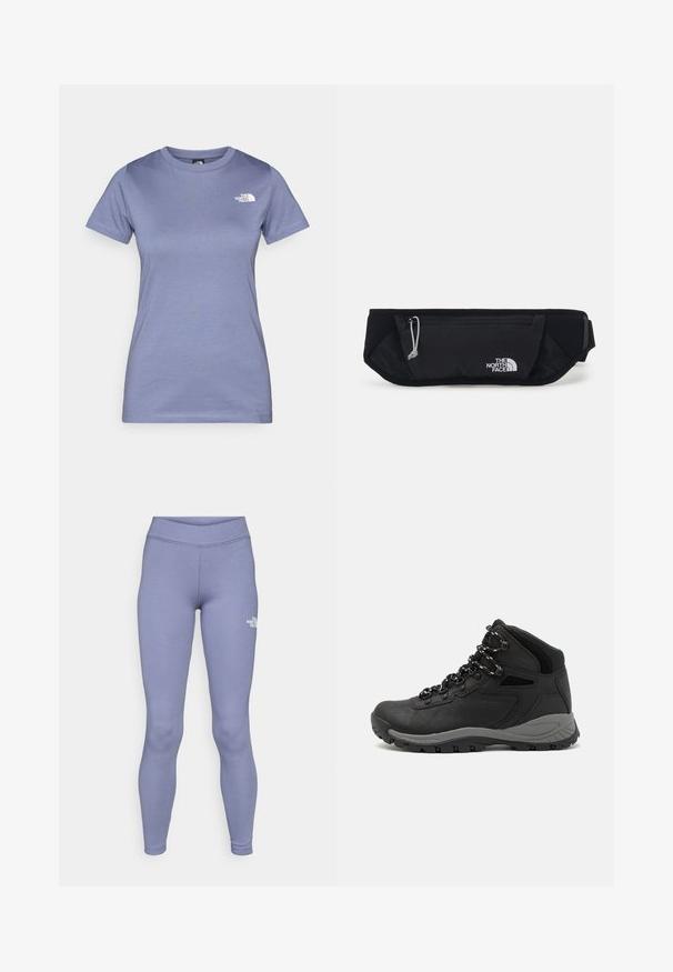 Camiseta de manga corta de color púrpura claro, hecha de algodón, con un escote redondo y un pequeño logo blanco en el pecho. Textura suave.; Leggings deportivos azules hechos de una tela suave y elástica. Presentan una cintura alta y un pequeño logo blanco en el muslo izquierdo.; Bota de senderismo negra con un diseño de medio caña, que cuenta con una parte superior texturizada, acentos grises y una suela de goma duradera con tacos de tracción.; The North Face SUNRISER RUN BELT UNISEX - Riñonera - black/white