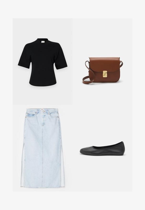 Top negro de manga corta con diseño de escote en V, fabricado en una tela suave. Presenta un ajuste ligeramente relajado y un branding minimalista en la parte frontal.; Falda maxi de mezclilla azul claro con corte recto, que presenta aberturas laterales y diseño de cinco bolsillos. Costuras prominentes y cierre de botón metálico.; Bailarina de piel negra con punta redondeada, textura suave, detalle de costura minimalista y diseño de suela flexible.; Bolso de mano de cuero marrón con cierre de solapa, herrajes en tono dorado, correa para el hombro y una textura suave. Forma rectangular compacta.