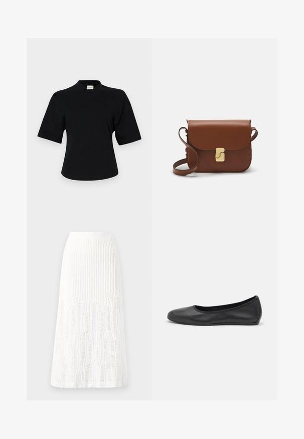Camisola preta de manga curta com um design de decote em V, feita de tecido suave. Apresenta um corte ligeiramente relaxado e uma marcação minimalista na frente.; Saia midi branca de malha com um padrão texturizado com linhas verticais e detalhes recortados perto da bainha. Cintura elástica. Material suave.; Bailarina preta em pele com bico arredondado, textura suave, detalhe de costura minimalista e design de sola flexível.; Bolsa de couro castanho com fecho de aba, decoração em tom dourado, alça de ombro e textura suave. Formato retangular compacto.