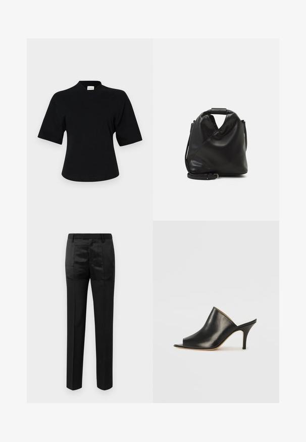 Must mustriga lühikeste varrukatega t-särk, millel on V-kujuline kaelus, valmistatud pehmest kangast. Omab veidi lõdvemalt istuvat lõiget ja minimaliseeritud brändingut ees.; Mustad ülikondpüksid sirgete jalgadega ja vöökoht, millel on vööaasad, koos mattide ja läikivate kangaste paneelidega.; Must musta avatud varbaga king, millel on sujuv ja kumer disain, kõrge stilettokõrgus ja sile tekstuur. Siseosa on kontrastse heleda värviga.; Must ja pehme nahast kott, millel on unikaalne keerdkujuline disain. Omab lühikest kätset ja eemaldatavat õlarihma. Minimalistlik stiil.