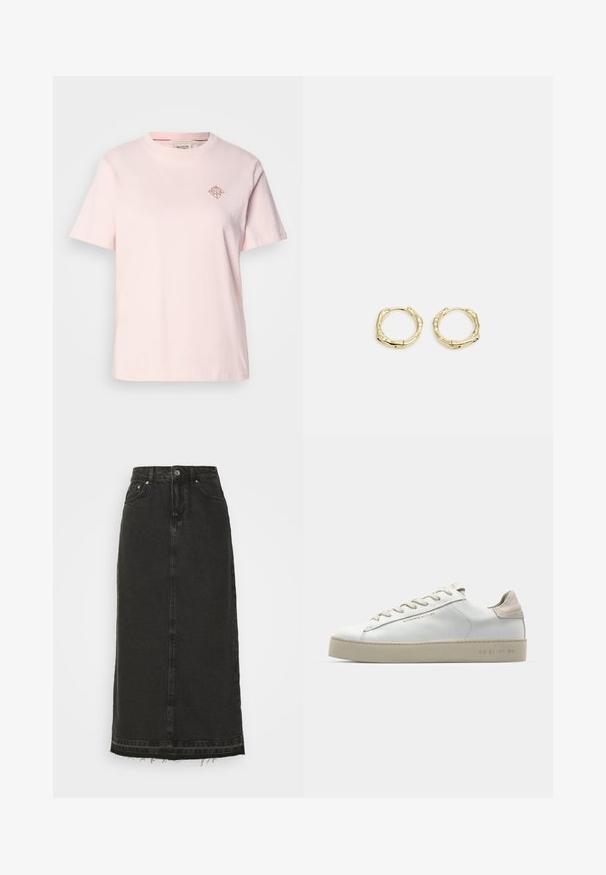 Svetloružová bavlnená tričko s okrúhlym výstrihom, krátkymi rukávmi a malým diamantovým logom v kontrastnej farbe na hrudi.; Čierna denimová midi sukňa s priliehavým pásom, predným uzáverom na gombíky a rozstrapkaným lemom. Obsahuje klasický dizajn s piatimi vreckami a mírnu textúru.; Biele kožené tenisky s hladkým povrchom, béžové sametové akcenty, okrúly špička, plochý dizajn na šnurovanie a štruktúrovaná gumová podrážka.; Zlaté kruhové náušnice s textúrovaným, nepravidelným tvarom. Majú bezšvové uzatváranie a lesklý povrch, čo podčiarkuje moderný dizajn.