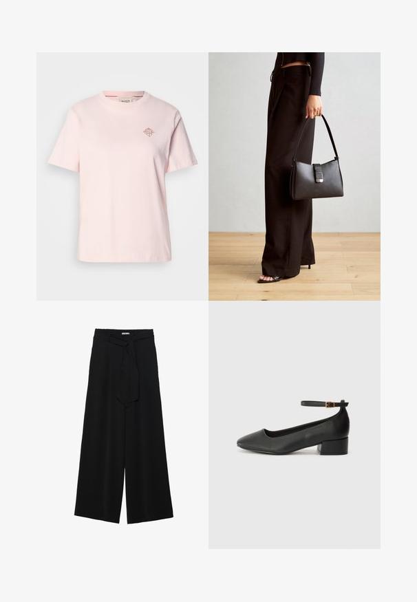 Hellrosa Baumwoll-T-Shirt mit Rundhalsausschnitt, kurzen Ärmeln und einem kleinen, rautenförmigen Logo in einer kontrastierenden Farbe auf der Brust.; Schwarze weite Hosen aus strukturiertem Stoff, mit elastischem Bund und einem abnehmbaren Bindegürtel in der Taille für eine verstellbare Passform.; Schwarze Lederpumps mit spitzem Zehenbereich und niedrigem Blockabsatz. Mit einem Knöchelriemen und einer goldfarbenen Schnalle. Glatte Textur.; Schwarze Handtasche mit strukturierter Form, glatter Textur und einem metallischen Verschluss. Kombiniert mit weiten schwarzen Hosen und offenen Sandalen auf einem Holzboden.
