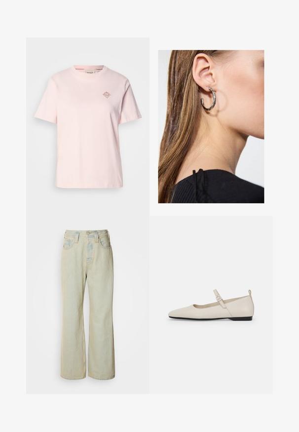 Světle růžové bavlněné tričko s kulatým výstřihem, krátkými rukávy a malým diamantovým logem v kontrastní barvě na hrudi.; Světle modré džínové kalhoty s širokým střihem, vyrobené z denimu, s vysokým pasem, pěti kapsami a jemným vyšisováním s kontrastním prošíváním.; Bílé kožené baleríny Mary Jane s špičatou špičkou, postranním sponou a nízkým černým podpatkem. Hladká textura a minimalistický design.; Stříbrný kruhový náušník s lesklým povrchem, zdobený malými zlatými akcenty, v kulatém tvaru, nošený na lalůčku.