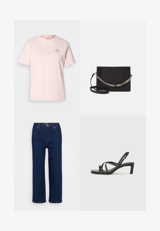 Light pink cotton t-shirt with a crew neckline, short sleeves, and a small diamond-shaped logo in a contrasting color on the chest.; Dark blue straight-leg jeans with button closure, front and back pockets, and visible orange stitching along seams.; Black strappy sandal with a square toe and a low block heel. Features multiple thin straps and an adjustable ankle strap. Made of smooth leather.; Black leather crossbody bag featuring a smooth texture, rectangular shape, and a metallic chain detail on the front. Adjustable strap included.