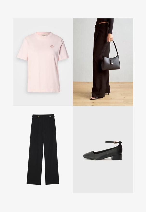 T-shirt di cotone rosa chiaro con colletto a girocollo, maniche corte e un piccolo logo a forma di diamante di colore contrastante sul petto.; Pantaloni neri a gamba larga con vita alta, dettagli con bottoni in vita e pieghe frontali.; Pump in pelle nera con punta affusolata e tacco basso a blocco. Presenta una cinghia alla caviglia con una fibbia in tonalità oro. Texture liscia.; Borsa nera con forma strutturata, texture liscia e una chiusura metallica. Abbinata a pantaloni neri larghi e sandali open-toe su un pavimento in legno.
